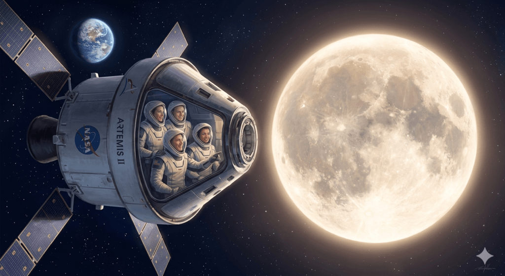 Representação estilizada da nave Orion da missão Artemis II em órbita da Lua, com 4 astronautas dentro dela.