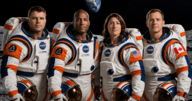 Imagem cinematográfica realista da tripulação da missão Artemis II composta por Reid Wiseman, Victor Glover, Christina Koch e Jeremy Hansen, em trajes espaciais Artemis branco e laranja, com a Lua e a Terra ao fundo.