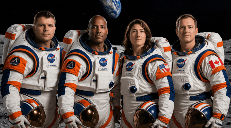 Imagem cinematográfica realista da tripulação da missão Artemis II composta por Reid Wiseman, Victor Glover, Christina Koch e Jeremy Hansen, em trajes espaciais Artemis branco e laranja, com a Lua e a Terra ao fundo.
