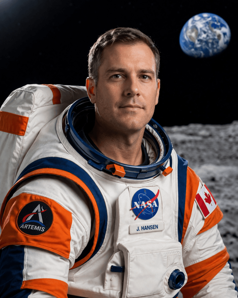 Astronautas da Artemis II Jeremy Hansen com traje espacial Artemis branco e laranja, iluminação de estúdio dramática e cenário da Lua com a Terra ao fundo.