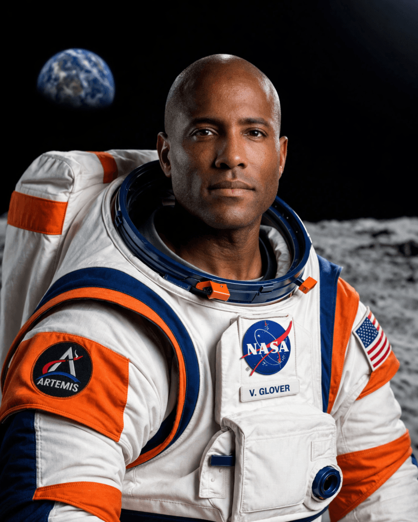 Astronautas da Artemis II Victor Glover com traje espacial Artemis branco e laranja, iluminação dramática e fundo da Lua com a Terra ao longe