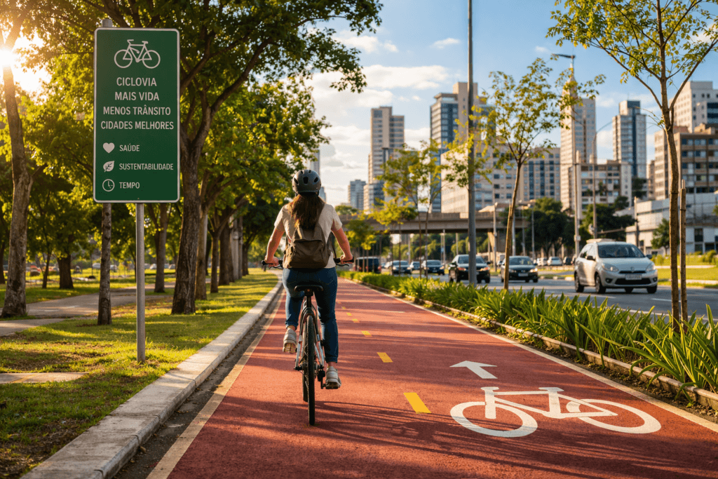 Ciclista pedalando em ciclovia urbana arborizada ao amanhecer, representando mobilidade urbana sustentável, saúde, menos poluição e melhor qualidade de vida nas cidades