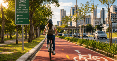 Ciclista pedalando em ciclovia urbana arborizada ao amanhecer, representando mobilidade urbana sustentável, saúde, menos poluição e melhor qualidade de vida nas cidades