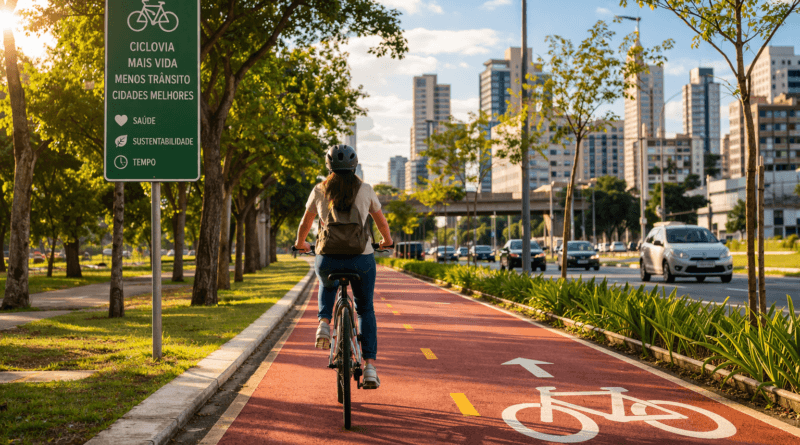 Ciclista pedalando em ciclovia urbana arborizada ao amanhecer, representando mobilidade urbana sustentável, saúde, menos poluição e melhor qualidade de vida nas cidades