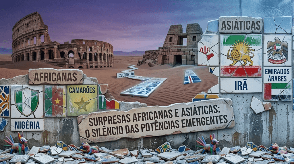 Mosaico mostrando os escudos e cores das Equipes de futebol tradicionais da Nigéria, Camarões, Irã e Emirados Árabes. Ilustrando o título 'Surpresas Africanas e Asiáticas: O Silêncio das Potências Emergentes
