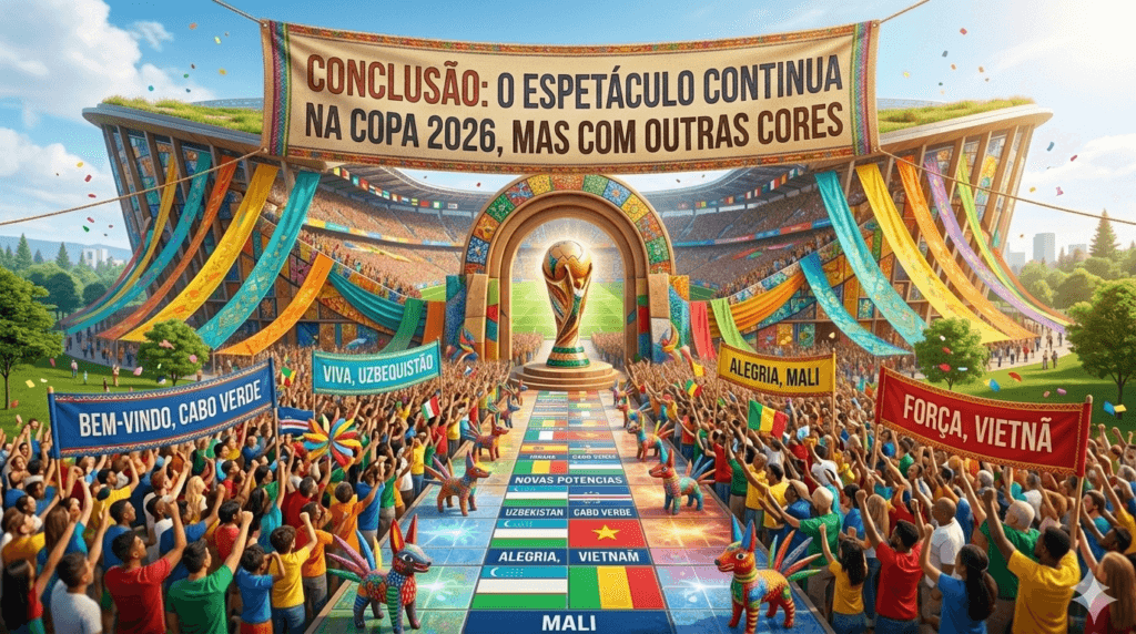 Mosaico de azulejos celebrando a Copa de 2026. A taça da Copa do Mundo cercada por símbolos das novas potências emergentes ilustrando  o título 'CONCLUSÃO: O ESPETÁCULO CONTINUA NA COPA 2026, MAS COM OUTRAS CORES