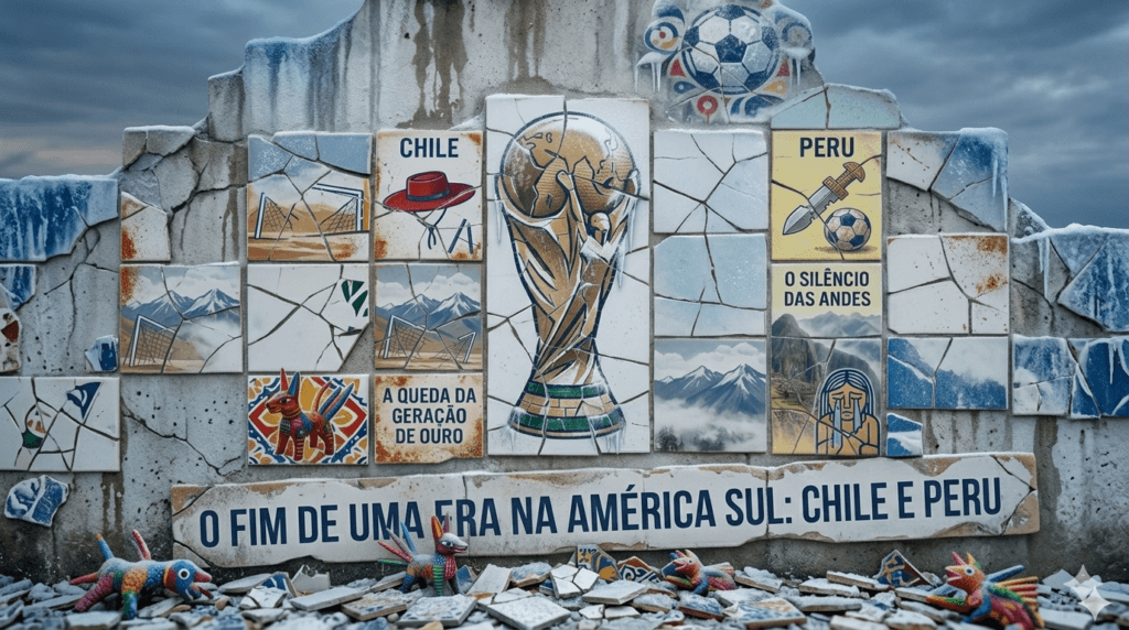 A arte apresenta ícones culturais e esportivos das Equipes de futebol tradicionais do Chile e do Peru ilustrando o título: O Fim de uma Era na América do Sul: Chile e Peru