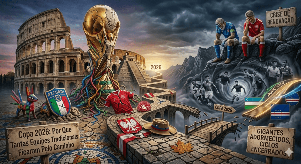 Taça da Copa do Mundo cercada por símbolos arruinados das Equipes de futebol tradicionais. Ilustrando o título: Por Que Tantas Equipes Tradicionais Ficaram Pelo Caminho