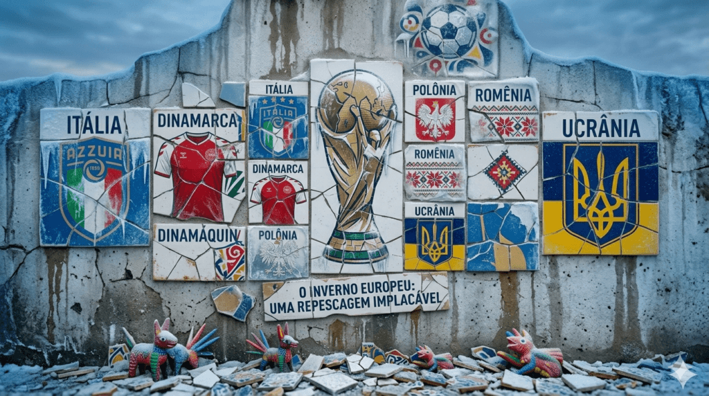 símbolos fragmentados e foscos das Equipes de futebol tradicionais ilustrando o título: O Inverno Europeu: Uma Repescagem Implacável