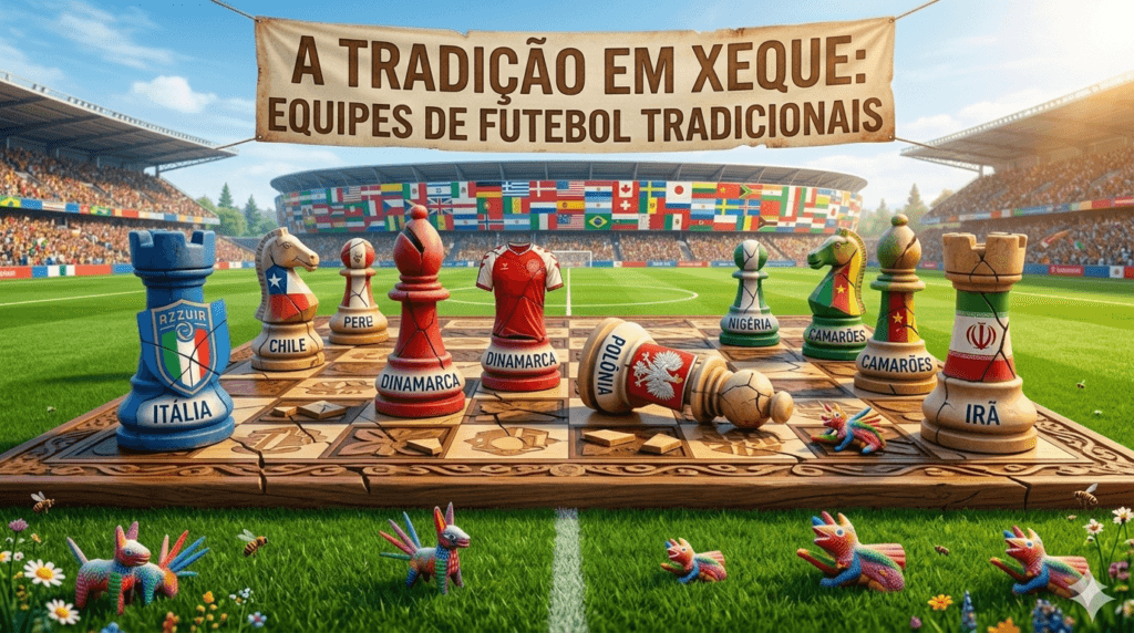 um campo de futebol ensolarado com um grande tabuleiro de xadrez de madeira sobre o gramado. As peças de xadrez, como torres e cavalos, estão vestidas com as camisas da Itália, Chile, Peru, Dinamarca e Polônia, algumas delas caídas ou quebradas, ilustrando  o título 'A Tradição em Xeque: Equipes de futebol tradicionais'